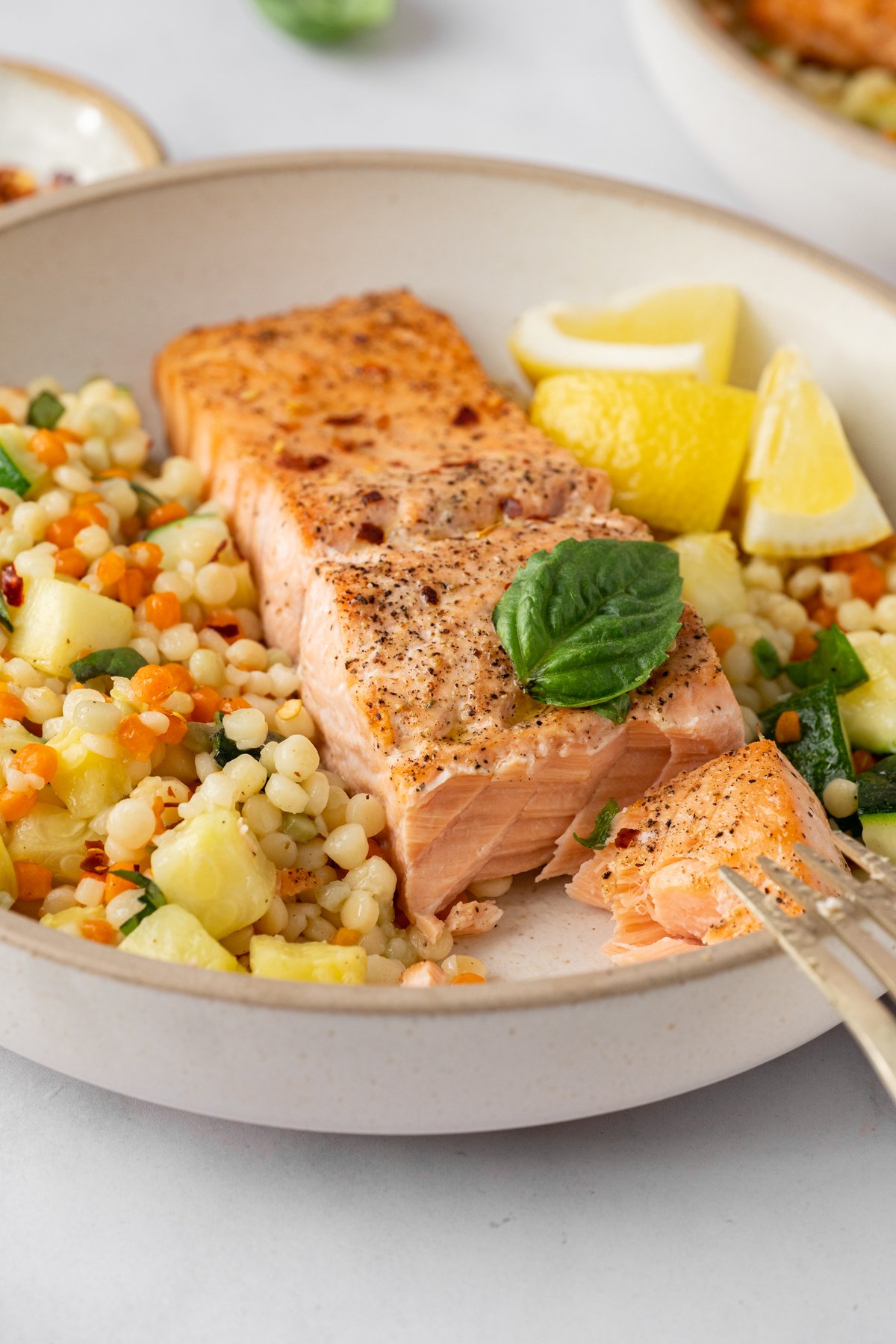 Air Fryer Salmon Couscous Bowl with Zucchini