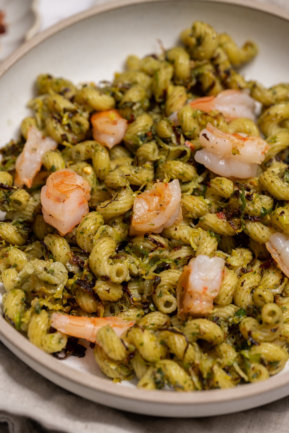 Pesto and Brussels Sprouts Cavatappi with Shrimp