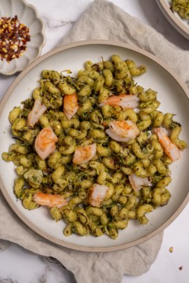 Pesto and Brussels Sprouts Cavatappi with Shrimp